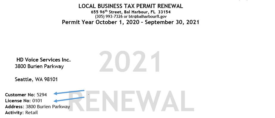 Sample Image of Business Tax Renewal Ending 2021